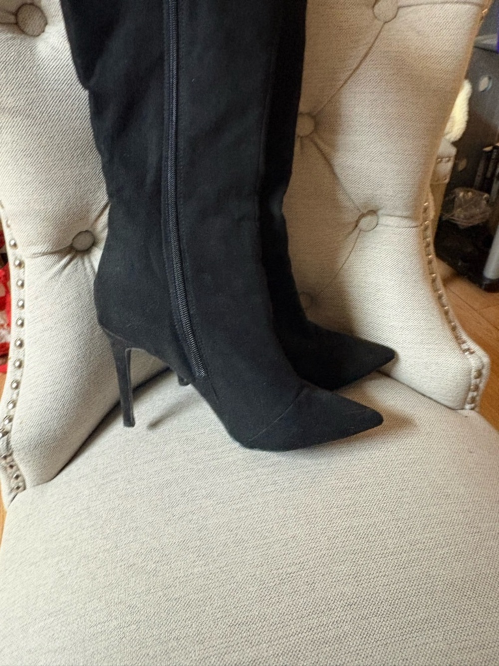 Black Pointed-Toe Stiletto Knee-High Boots - Women's - Picture 9 of 10